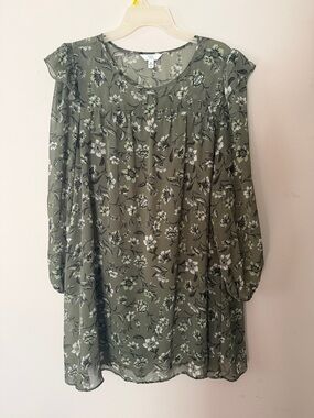 Time and Tru Olive Green Floral Long-Sleeve Ruffle Dress